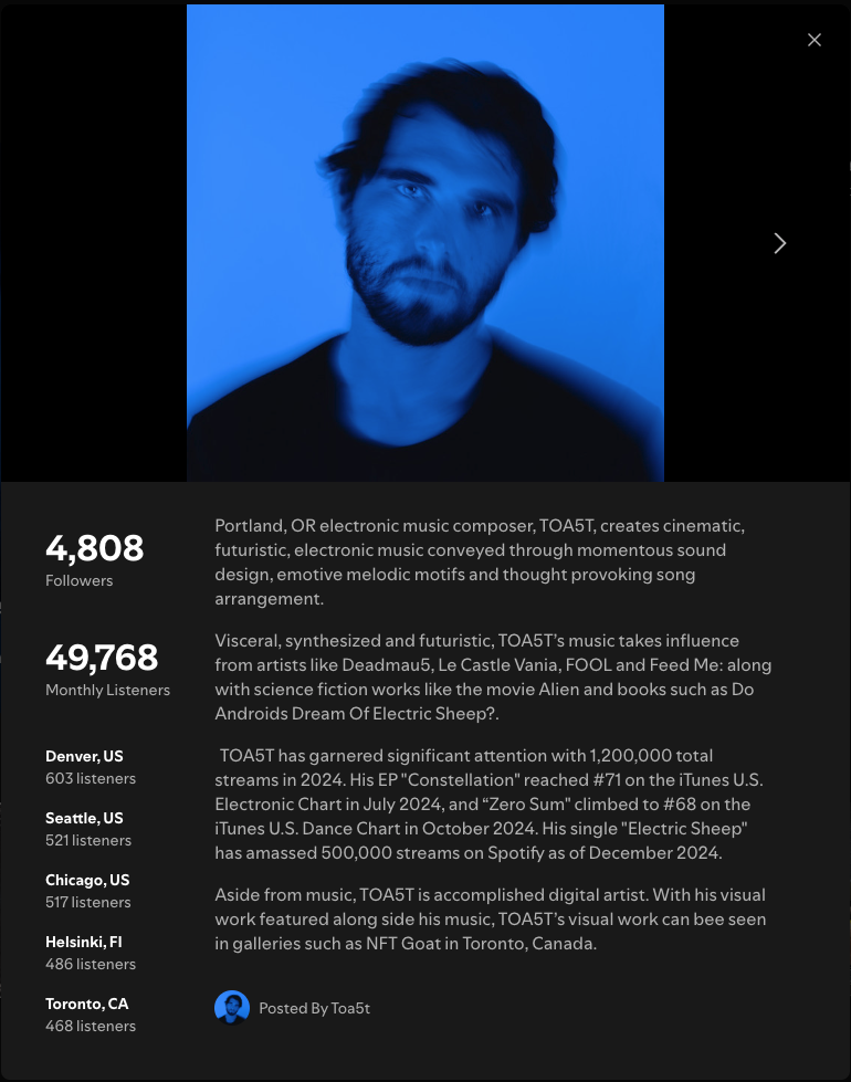 Spotify artist TOA5T profile with music bio and creative promotional portrait by Mewphotovideo
